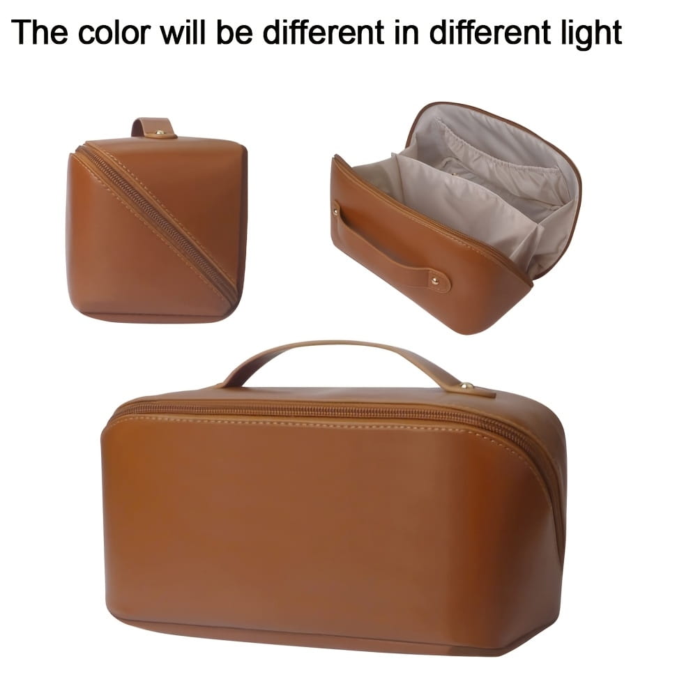 Braunes Leder-Kosmetiketui mit Tragegriff oben und Reißverschluss, dargestellt als Teil der Kollektion der beige Stoff-Reise-Make-up-Tasche und Kosmetikorganizer.