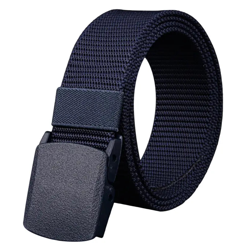 Dark navy mens tactical canvas belt made of woven fabric with a lightweight matte black plastic automatic buckle.