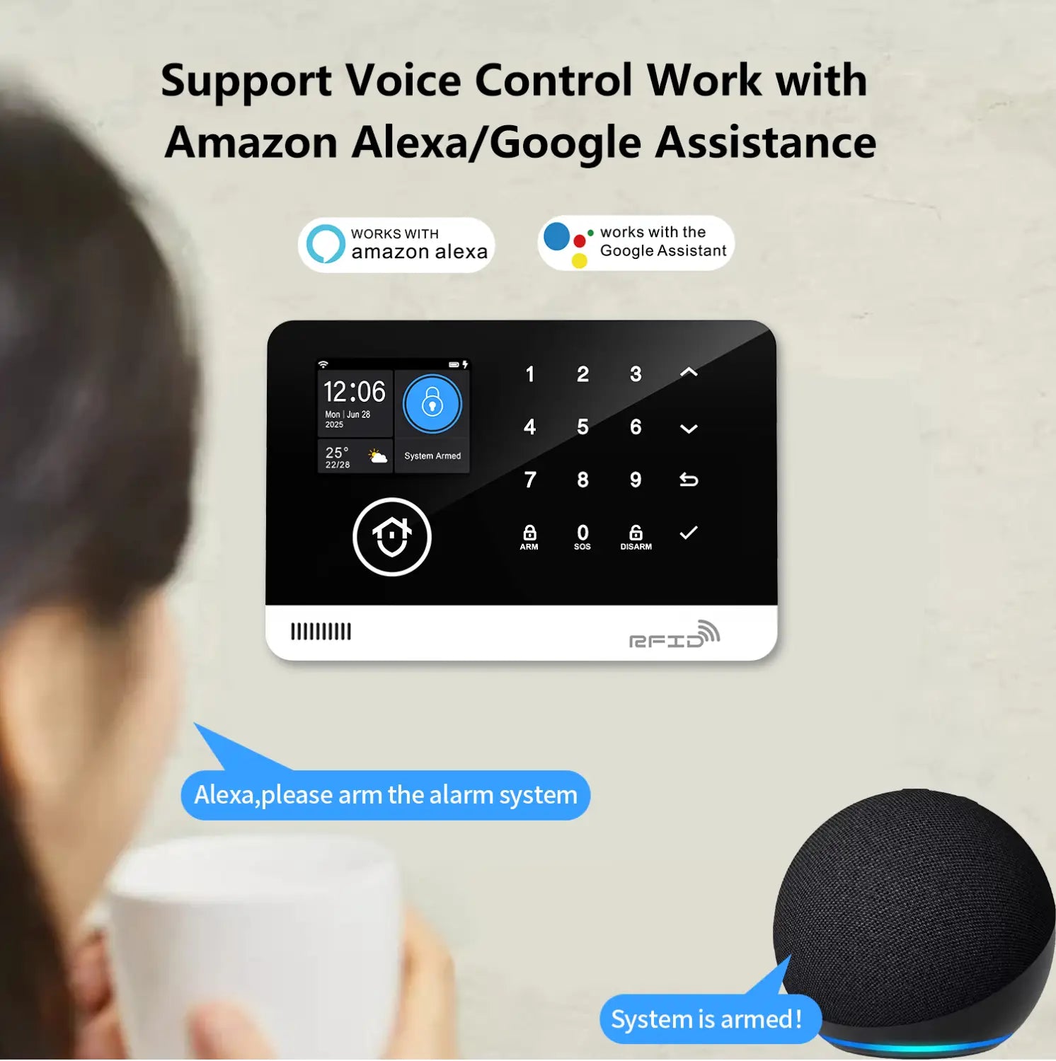 Clavier de sécurité pour maison intelligente Tuya noir et blanc avec écran d’affichage tactile, pavé numérique et commande vocale, compatible avec Amazon Alexa et Google Assistant, avec intégration à l’application Smart Life.