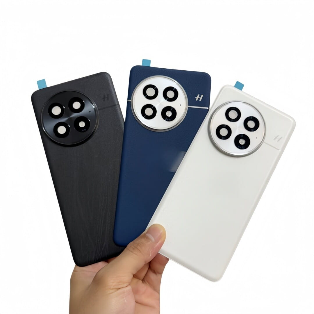 three oneplus 13 replacement back covers in black blue and white with a circular camera frame glass lens featuring four lenses on the back side
