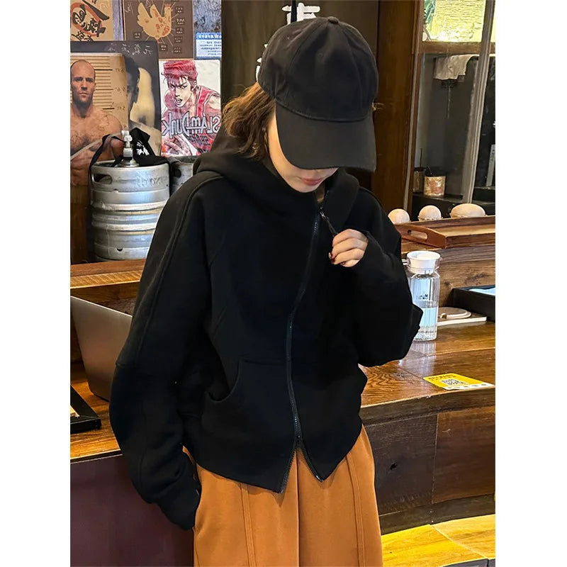 Women Solid Hoodies Fleeced Short Sweatshirts Long Sleeves Hooded Double Zipper Loose Fit Office Lady Elegant Casual 2026 Spring