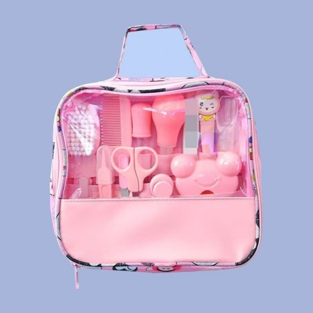 Rosafarbenes Kunststoff-Baby-Pflegeset mit klarem Front-Panel und Cartoon-Charakter-Design für das Neugeborenenpflege-Set, 13-teilige Kollektion