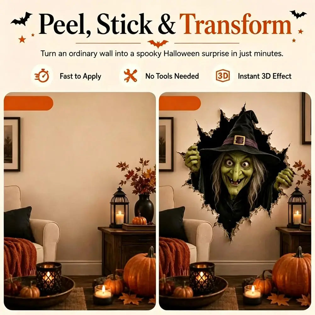 Sorcière à la peau verte, aux longs cheveux gris, portant un chapeau noir, apparaissant à travers un mur déchiré, sur un autocollant mural en papier 3D pour Halloween, conçu pour une décoration effrayante.