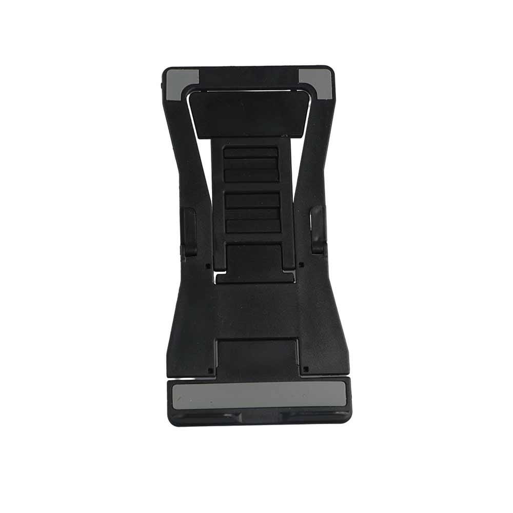 support de téléphone et tablette de bureau réglable en plastique noir avec conception pliable et patins de prise gris caoutchoutés pour la stabilité.