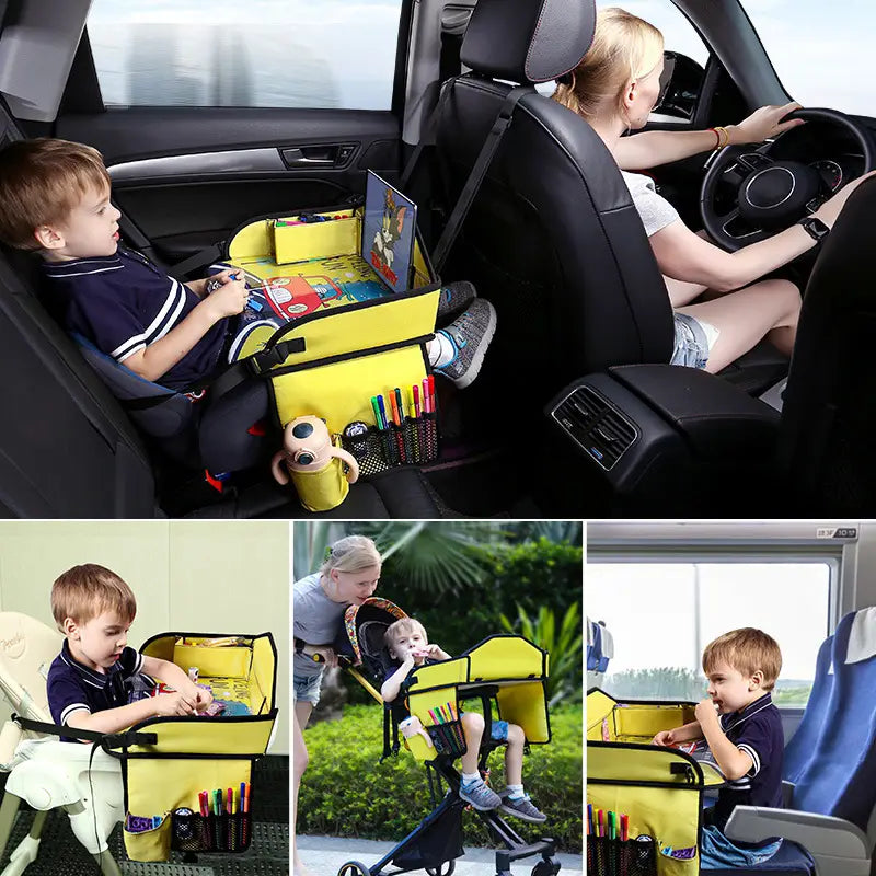 Leuchtend gelbes, robustes Stoff-Kindersitz-Reisetablett und -Organizer für das Auto mit mehreren Fächern und einem integrierten Tablett für eine praktische Aufbewahrung.