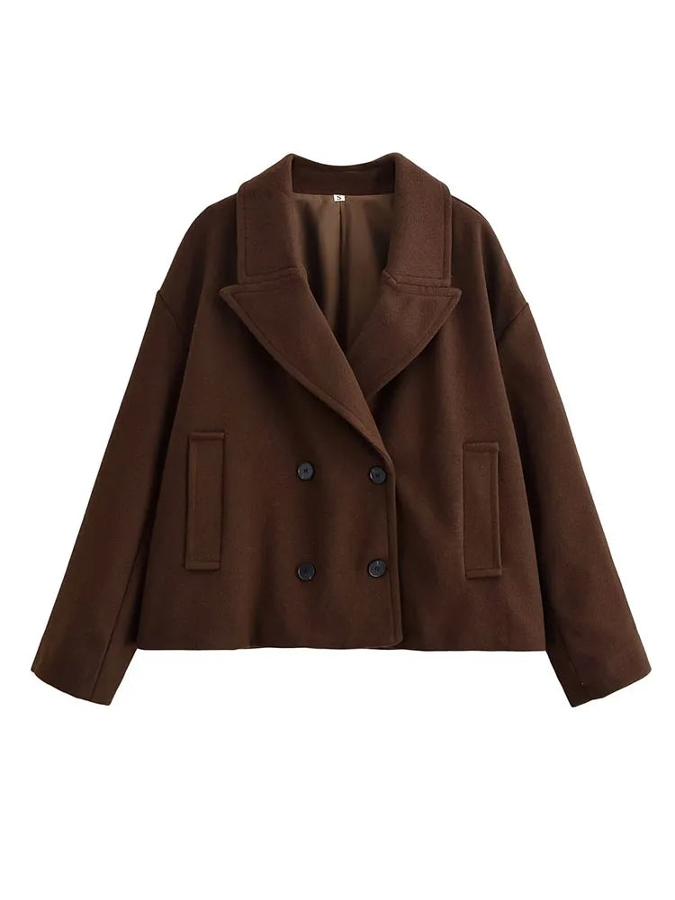 HH Women Winter Fashion Versatile Lapel Double Breasted Wool Short Coat Female Pocket Decoration Solid Long Sleeve Casual Jacket