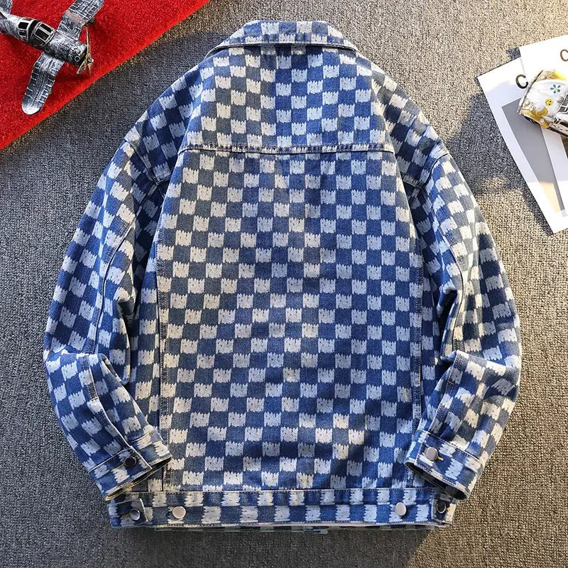 Blue and white checkered oversized denim jacket for men with a classic collar and buttoned cuffs suitable for streetwear.