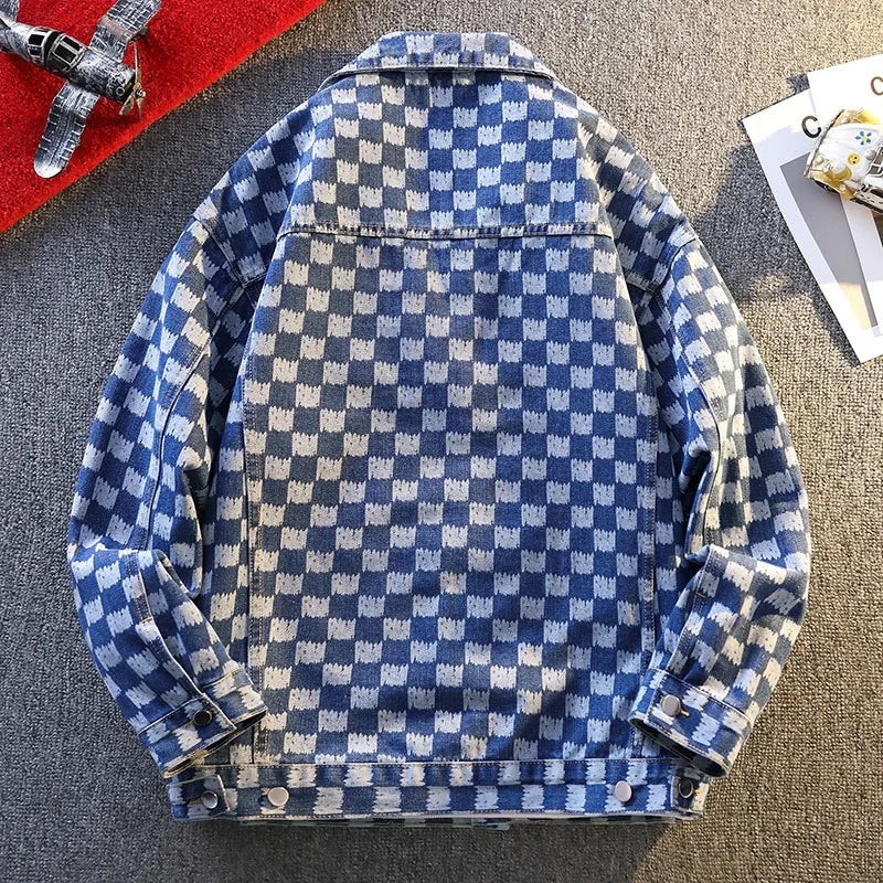 Jackets For Man Trendy Oversized Checkerboard Print Denim Man Coat Casual Streetwear Style Outerwear For Men