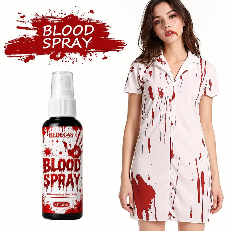 Redecas spray de sangre falsa para Halloween de 30 ml en un frasco negro con etiqueta blanca y diseño de salpicaduras rojas, lavable para uso en Halloween.