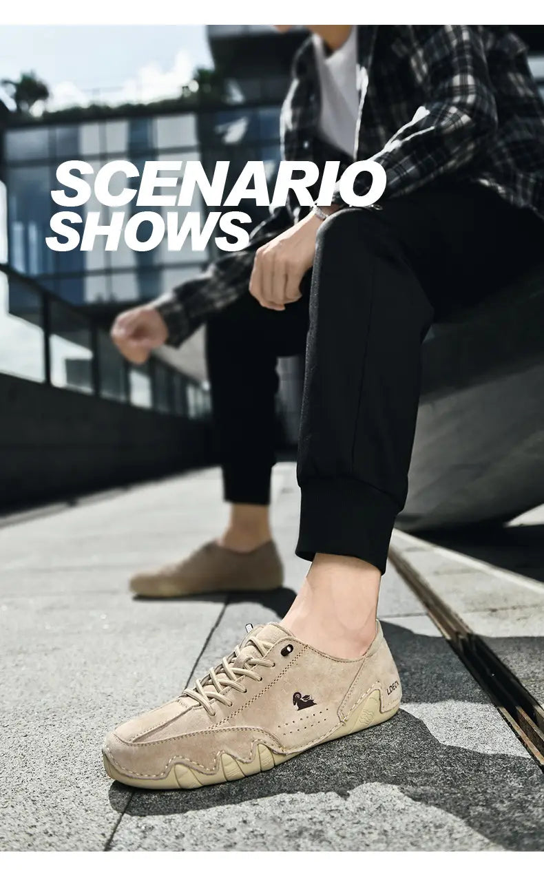 Beige suede low-top sneaker with a subtle logo on the side and textured rubber sole featured as men high top leather casual sneakers.