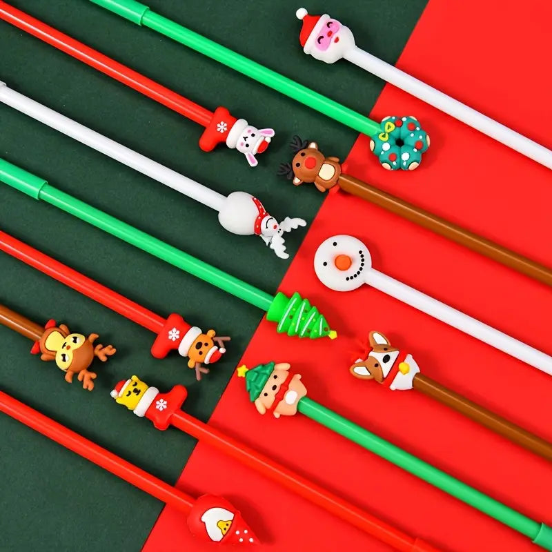 Christmas gel pens 12 pack featuring plastic bodies with colorful holiday character charms for festive stationery use.