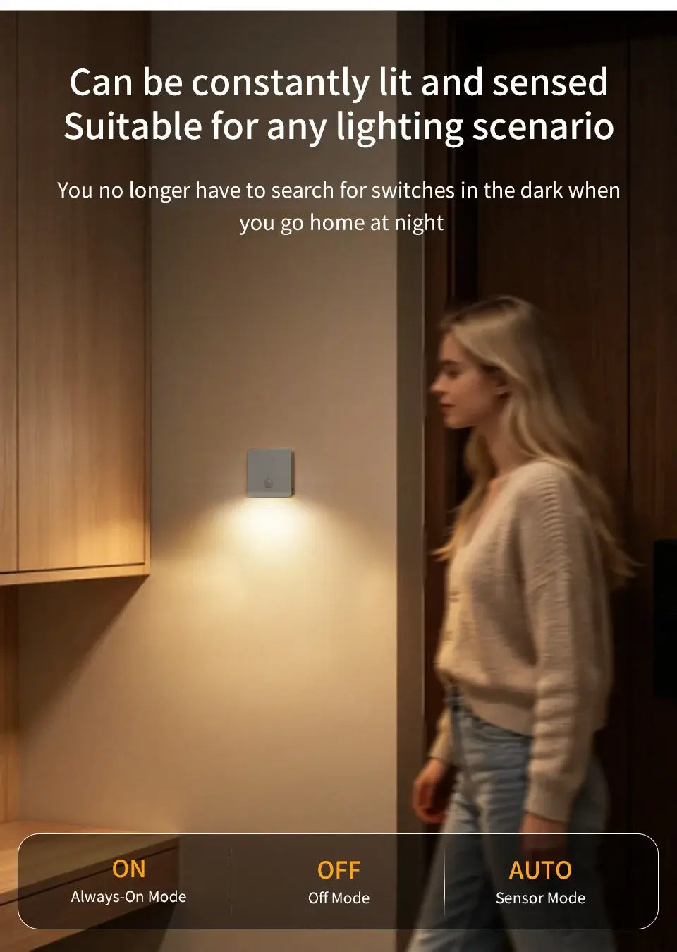 a sleek square-shaped wall-mounted motion sensor night light emitting a warm glow for rechargeable led cabinet lighting