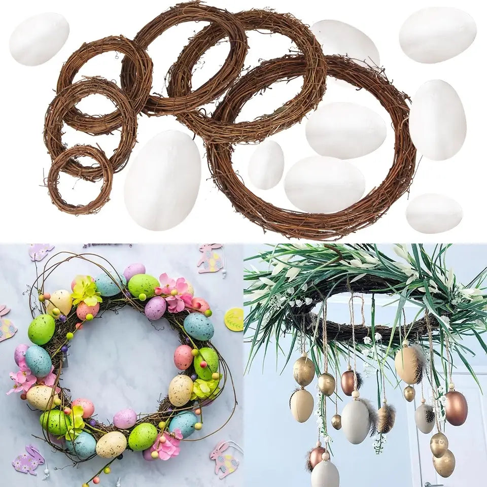 brown woven grapevine wreath rings decorated with white plastic foam eggs for easter party decor from glitter easter foam eggs 80 pcs diy set