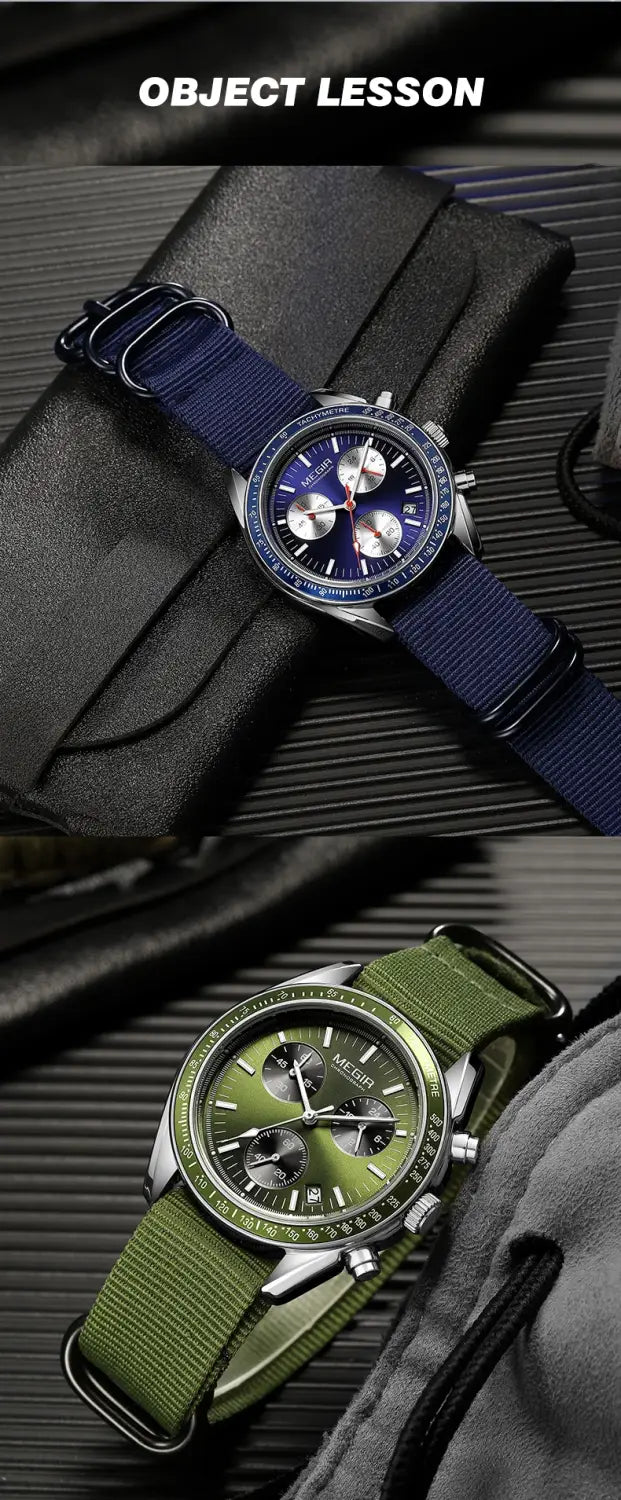 Megir men canvas chronograph watches featuring blue and green dials with fabric straps.