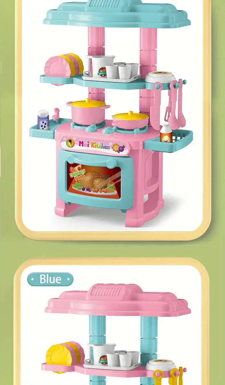 Kleines Küchen-Spielset für Rollenspiel-Kochspielzeuge mit pinkfarbenem und türkisfarbenem Kunststoffdesign sowie farbenfrohen Spielzeuggeschirrteilen, Töpfen, Pfannen und Utensilien für fantasievolles Spielen.
