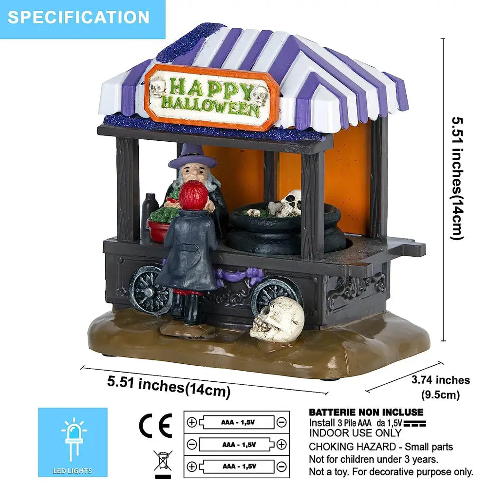 Auvent rayé violet et blanc avec enseigne joyeuse d’Halloween au-dessus d’une figurine effrayante de boutique de sorcière en pot à soupe roulant décorative Halloween de 5 x 14 cm.