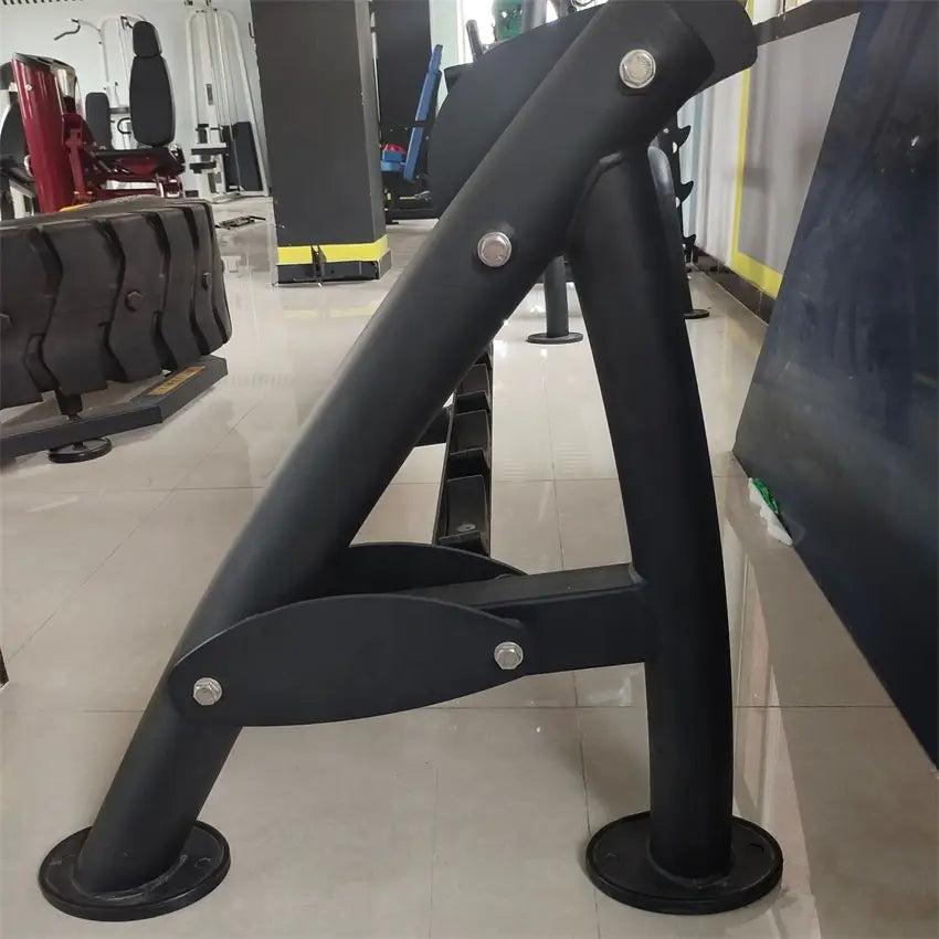 commercial 2-tier dumbbell rack featuring a black metal weight bench frame with a sturdy triangular design and circular footplates.