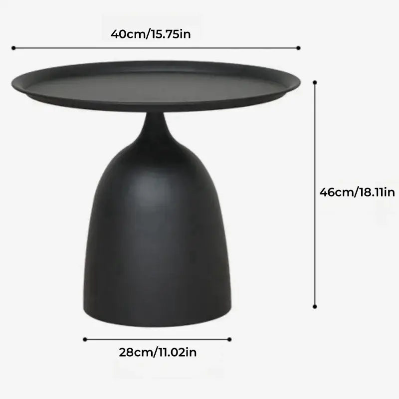 Black matte finished coffee table with a sleek modern design featuring a round top and tapered pedestal base for living room use.