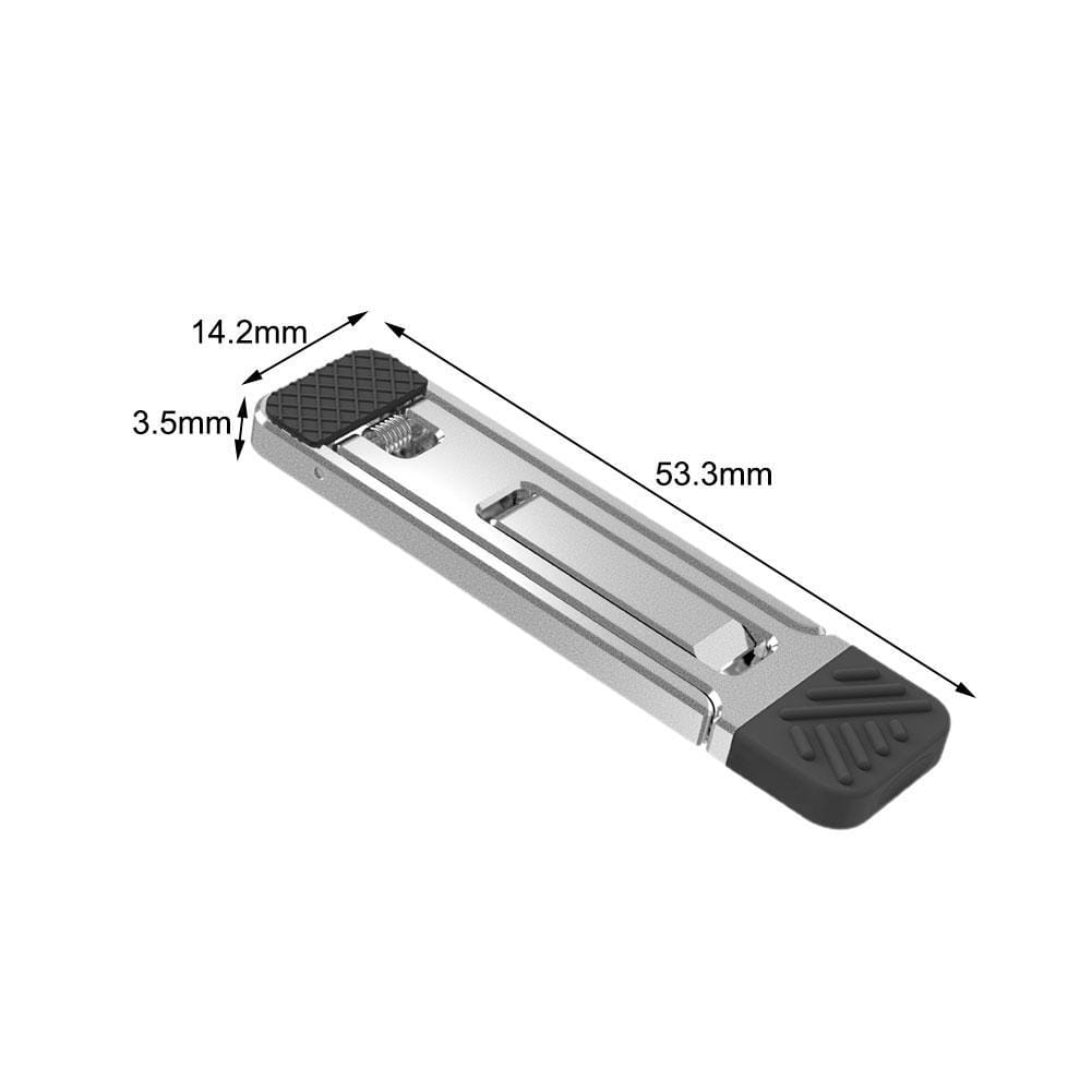 Support portable pliant pour ordinateur portable en aluminium argent métallique, avec patins en caoutchouc noir et surfaces de prise texturées.