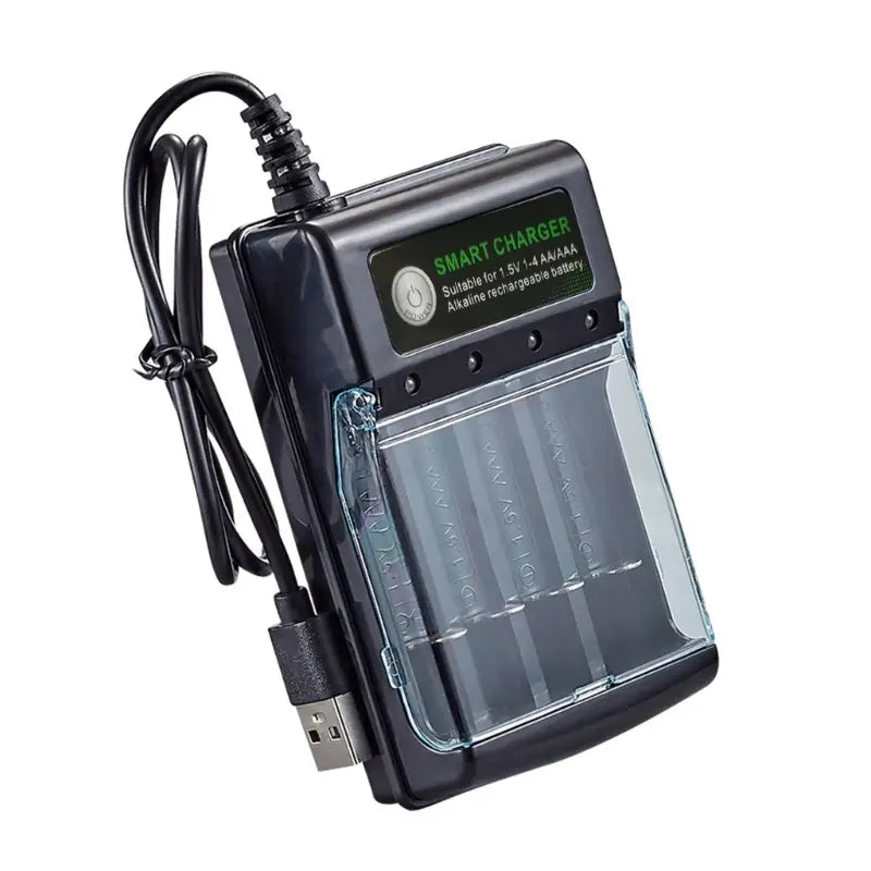 Black plastic 1.5v alkaline battery charger with four clear acrylic smart usb slots and attached usb cable.
