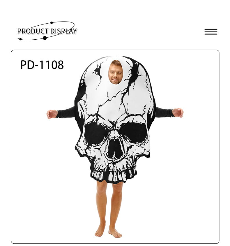 Black and white skull-shaped costume with a head cutout designed for skull costume party cosplay outfit.