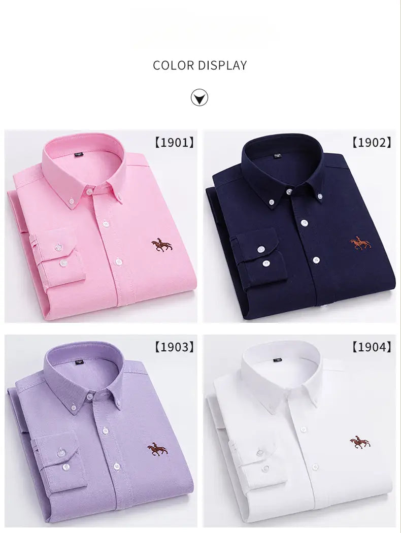 Chemises pour homme en oxford à coupe ajustée 100 % coton en rose, bleu marine, lavande et blanc, avec un discret logo de cheval brodé sur la partie gauche de la poitrine.