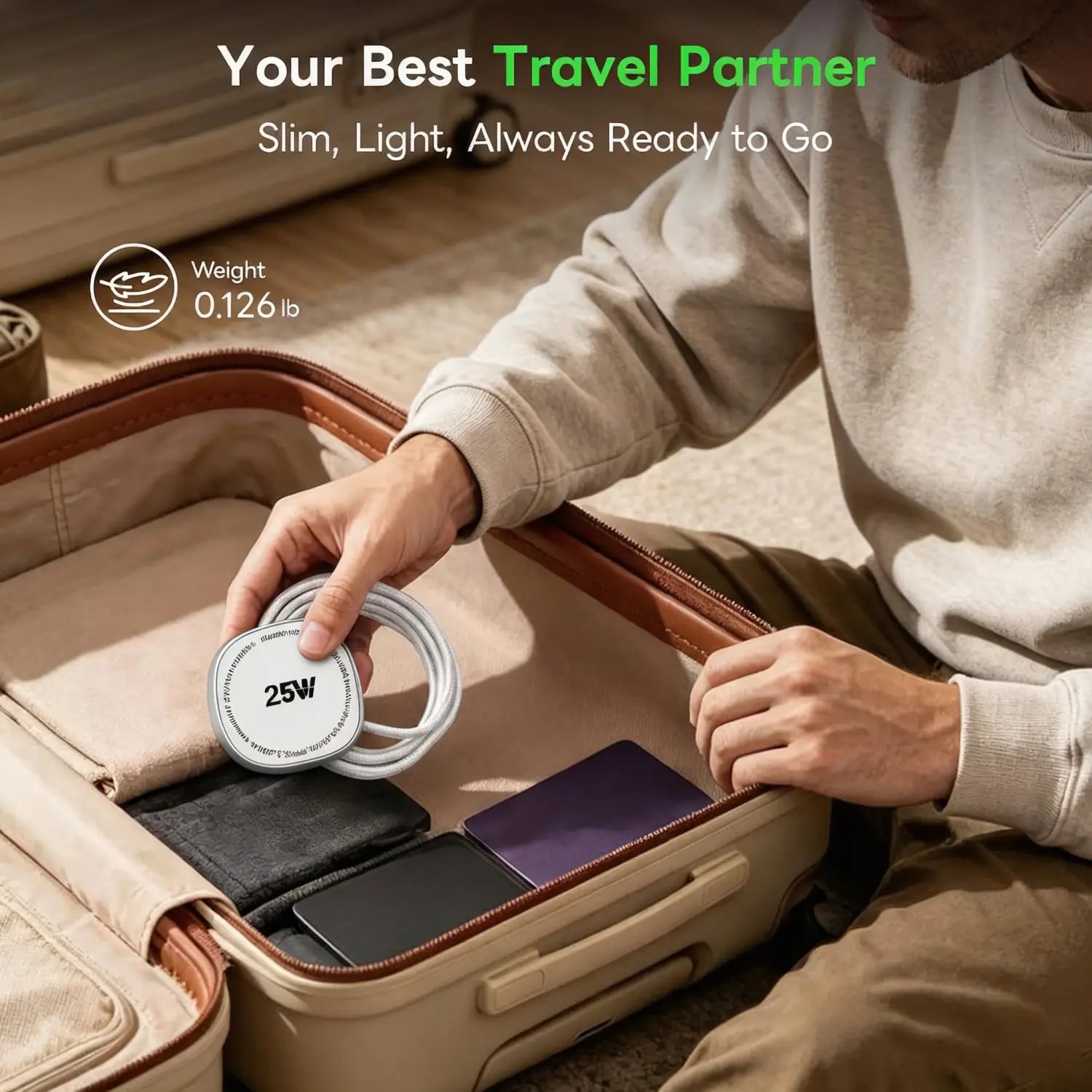 Una almohadilla compacta de carga inalámbrica magnética Timess de 25 W en color blanco, con un diseño circular elegante y una marca minimalista.