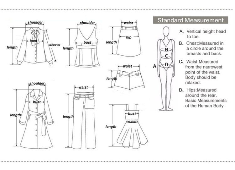 Standard human body measurement diagram showing height chest waist and hips for wool knit midi high waisted pencil skirt product.
