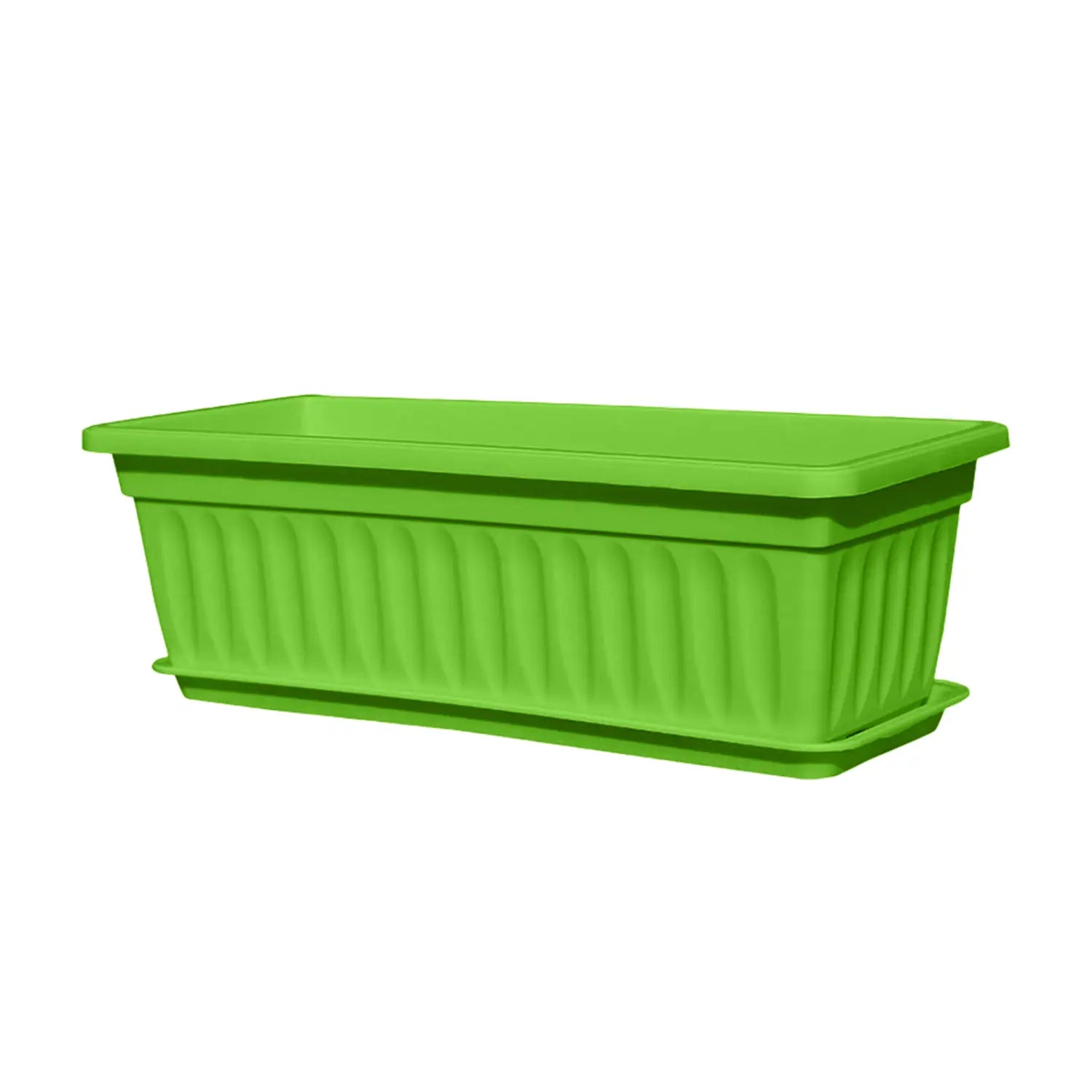 Bandeja de semillas para jardinería de plástico verde brillante, rectangular, con acanalados verticales y una bandeja a juego, diseñada para el uso de jardinería en la descripción del producto.