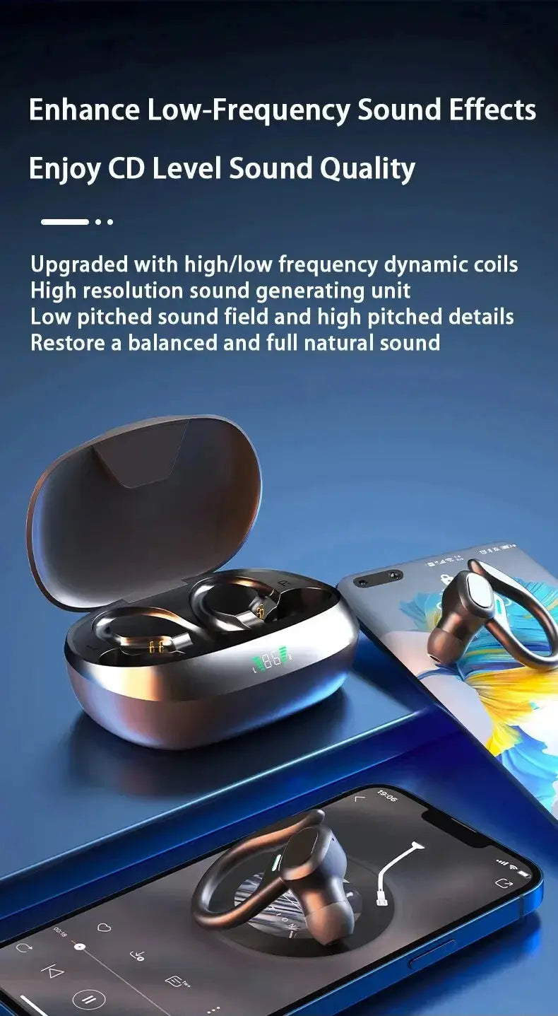 silver and black wireless sport ear hook earbuds with a sleek modern design in a matching charging case featuring waterproof bluetooth connectivity