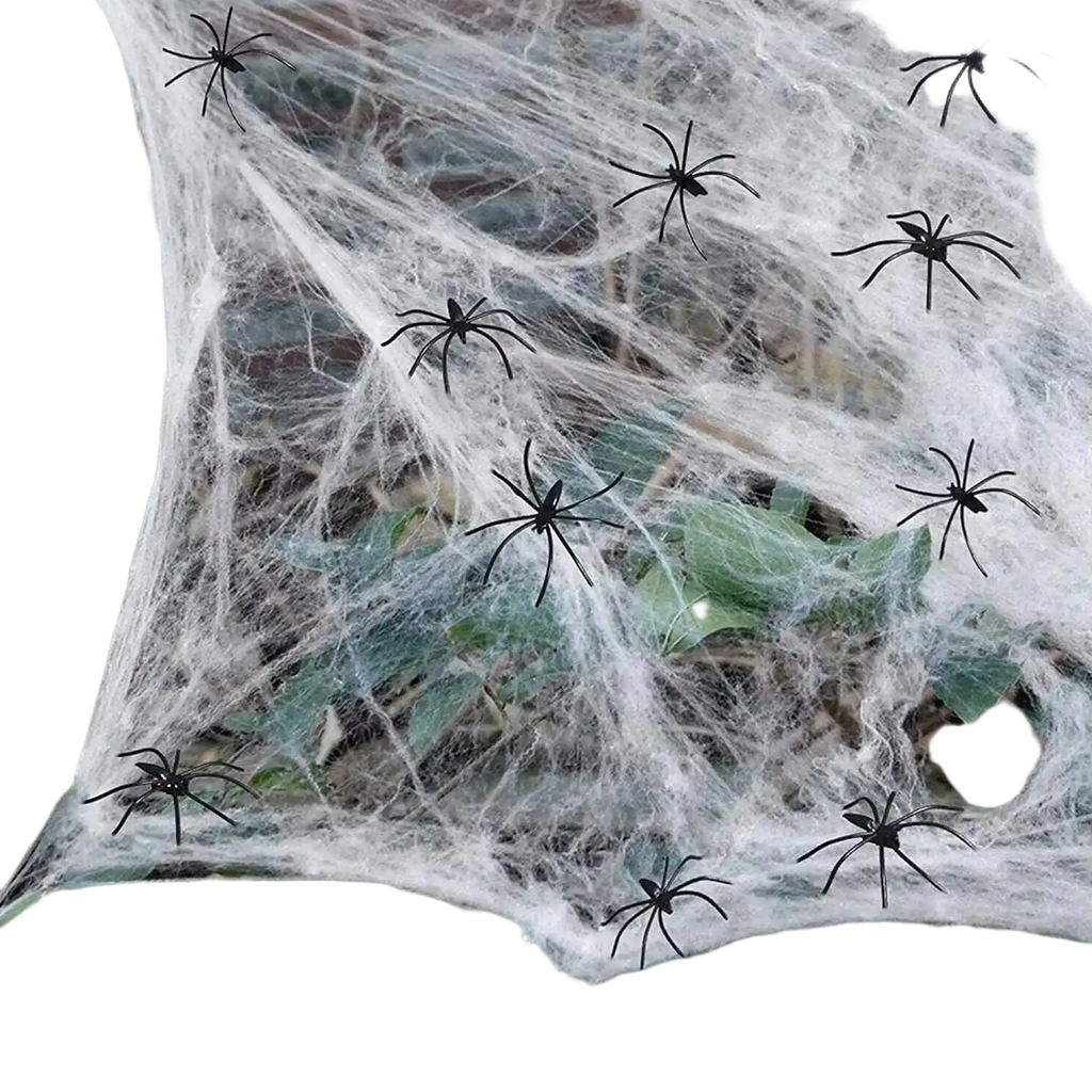 A decorative white spiderweb with multiple black plastic spiders on super stretch cobwebs for halloween party decorations
