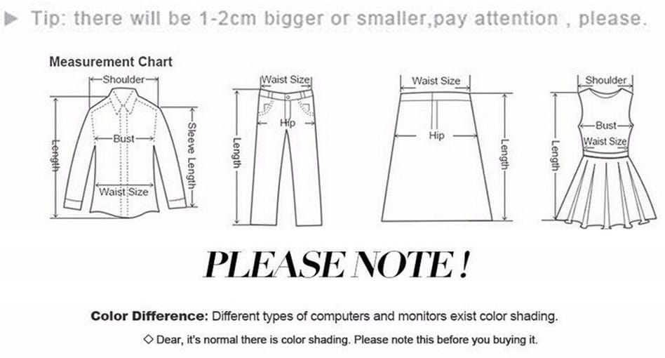 measurement chart for a long sleeve ruffle shirt long chiffon blouse displaying sizes for women’s blouse, pants, and skirt.