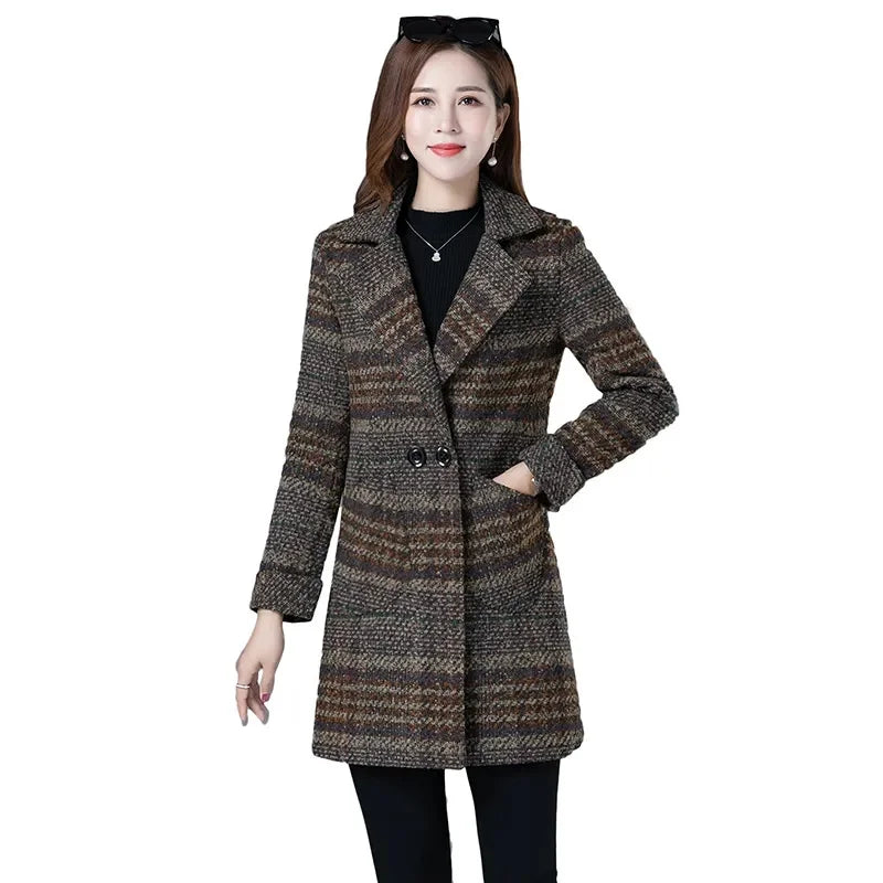 Women Woolen Coat Autumn Winter Thicke Plaid Wool Blended Jacket Large Size Mother Clothes Female Long-Sleeved Outwear