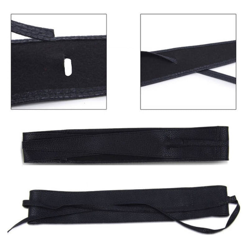 Serre-tête en cuir synthétique noir avec sangle et boucle réglables, présenté de l’arrière pour être porté comme ceinture large en cuir à nœud papillon noué pour femmes.