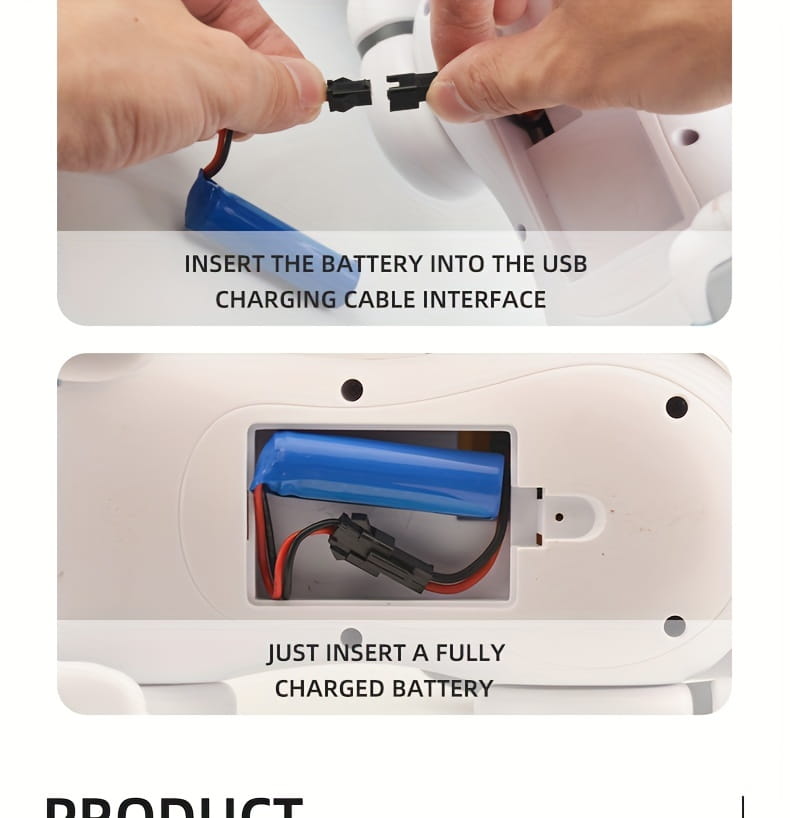 white plastic remote control robotic dog toy with a blue rechargeable battery inserted into its usb charging cable interface