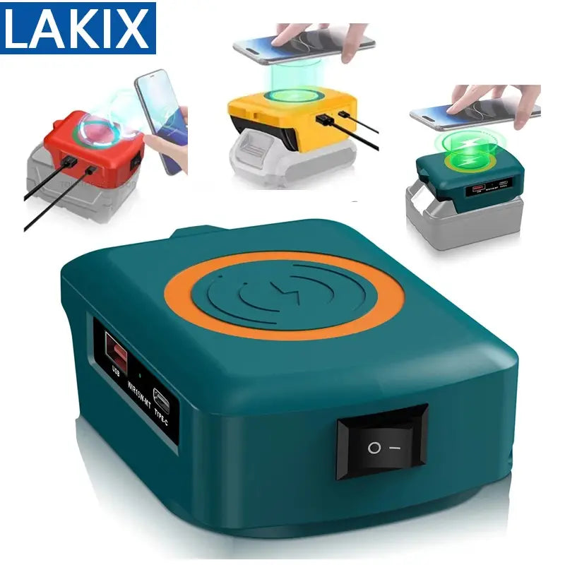teal and orange battery wireless charging adapter for Makita Dewalt Milwaukee with usb-c ports and power switch shown from the back side