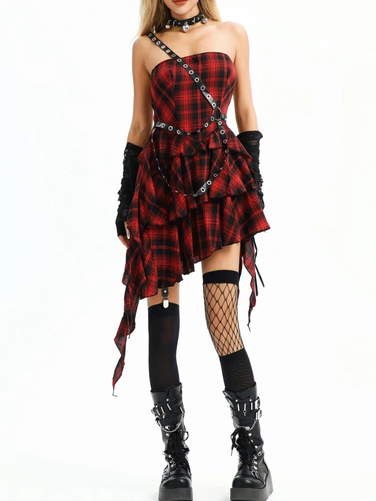 Dark Gothic Asian Culture Lace Punk Girl Style Dress with Sweet and Cool Y2K Red Checkered Performance Outfit cosplay