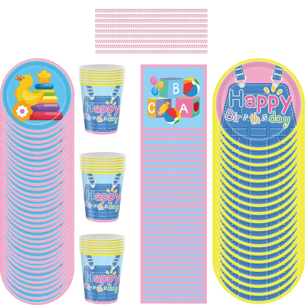 New Disposable tableware set Strap Pants Birthday Party Tablecloth Early Education Children's Party Desktop Supplies