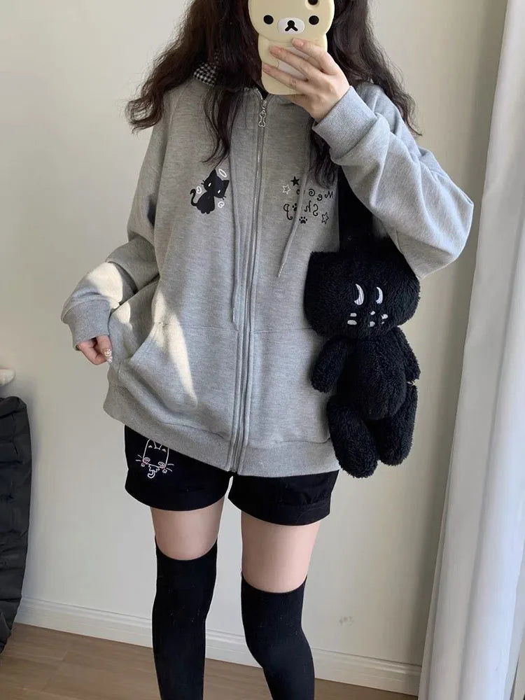 Mujer Japanese Cute Hoodies Coats Cute Cat Print Hooded Sweatshirts Y2K Tops Women Clothing Casual Zipper Loose Hoodie
