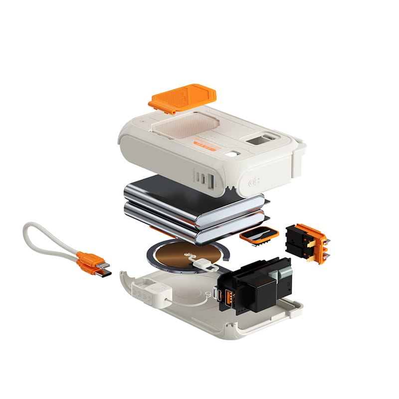 Weißer und orangefarbener zerlegbarer Powerbank 20000 mAh 22,5 W kabelloses tragbares Ladegerät mit sichtbaren internen Akkus und Schaltkreisen als Energiespeicher-Ladegerät für die mobile Nutzung