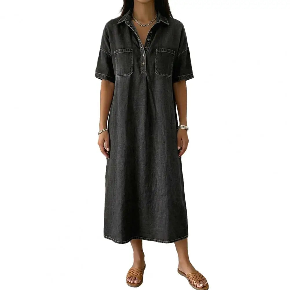 Women's Vintage Denim Shirt Dress Casual Short Sleeve Button Up Jean A-Line Long Dress with Pockets Commuting Style Midi Dress