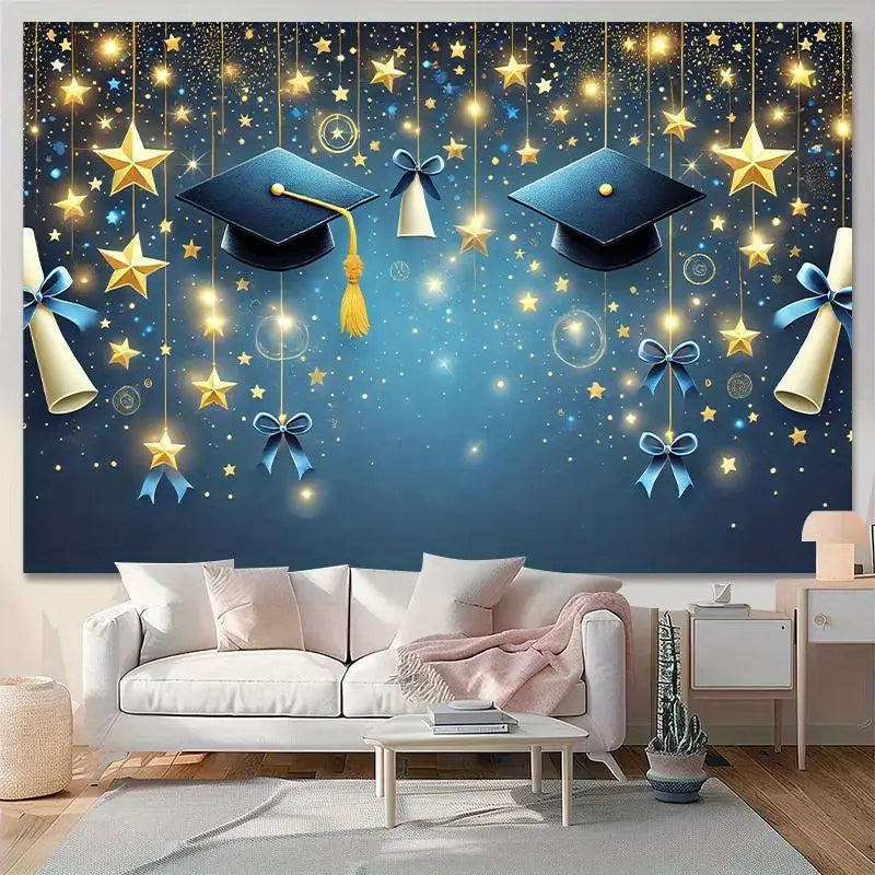 blue graduation cap wall hanging with gold tassels and star decorations designed as a sparkling stars diploma backdrop for graduation parties