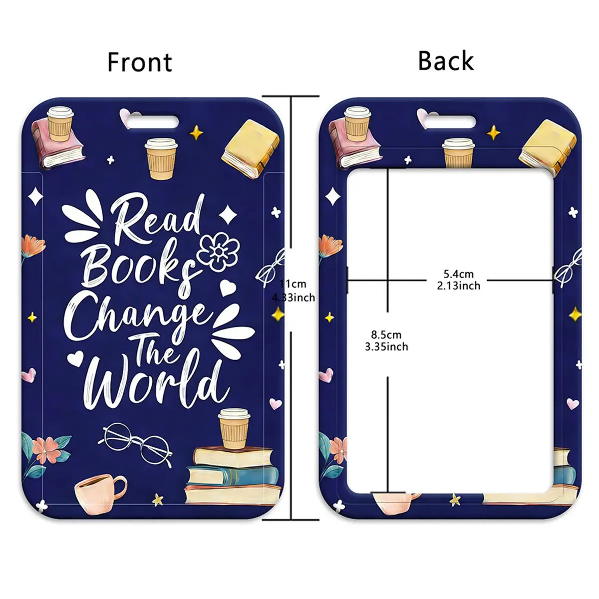 Navy blue rectangular id card holder and lanyard set featuring white read books change the world text with coffee cups, books, and floral illustrations for book lovers.