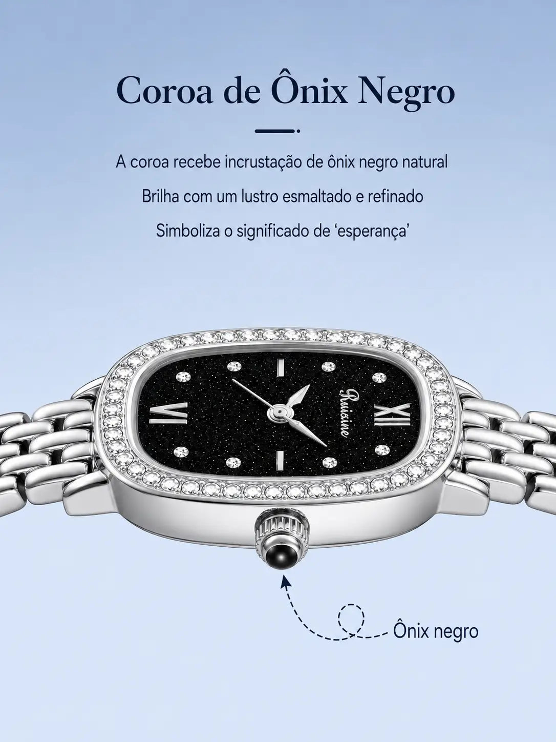 ルイシンのシルバーカラークリスタルメッシュレディースウォッチ。上品なシルバーケース、ローマ数字を配したブラックの星空のようなダイヤル、輝くダイヤモンドのベゼルを特徴とするデザイン。