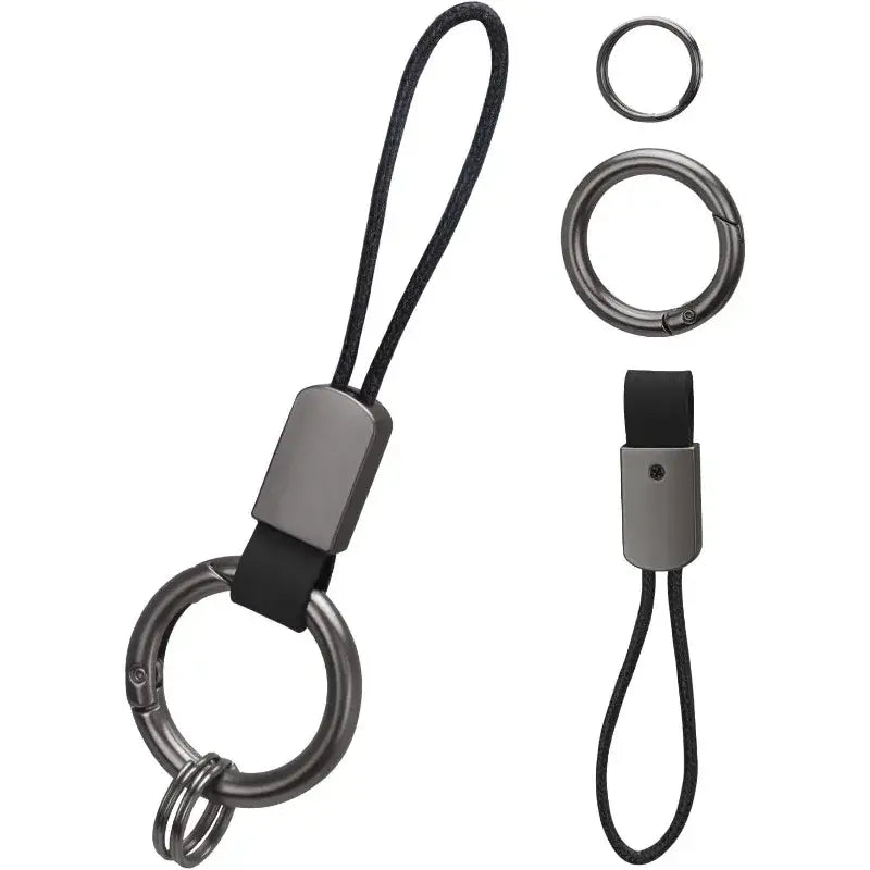 Black cord braided leather car keychain with a matte gray metal clasp and carabiner universal key holder.