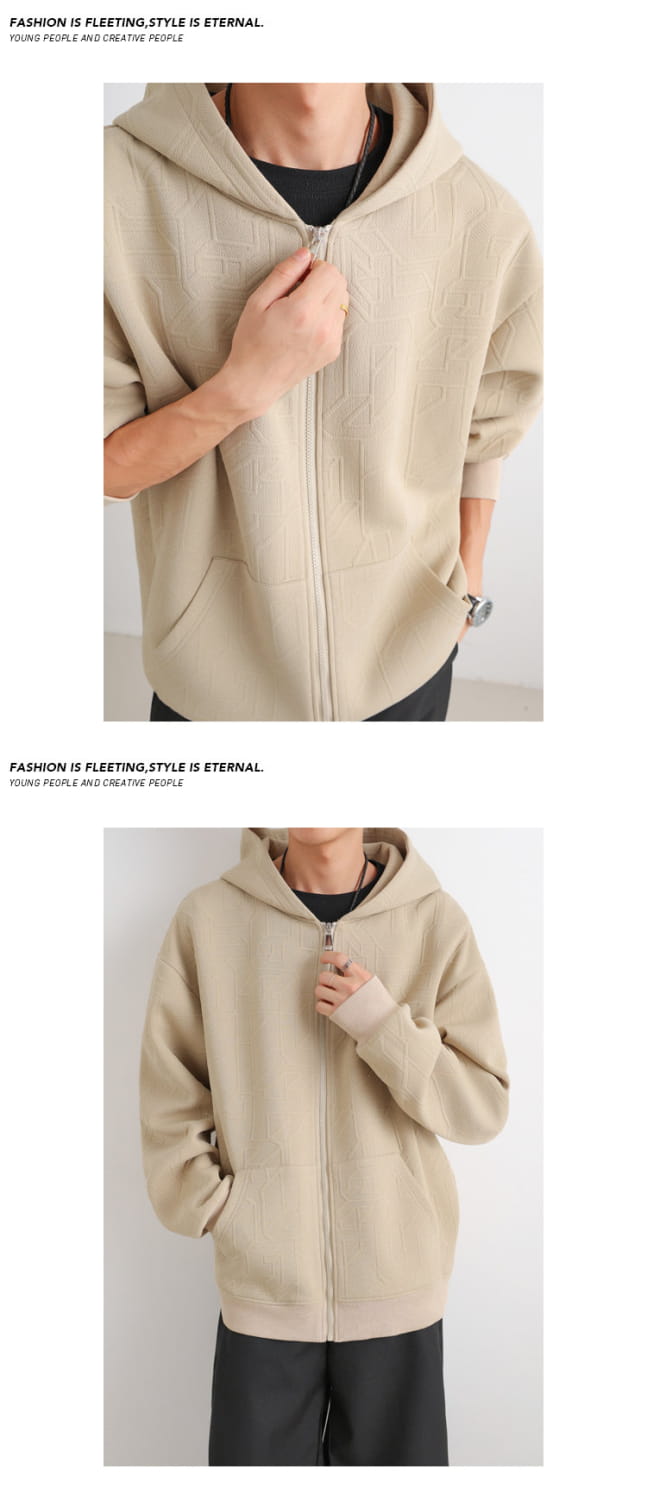Beige ribbed knit zip-up hoodie with hood and front pockets for mens black zip up hooded jacket casual urban outerwear.