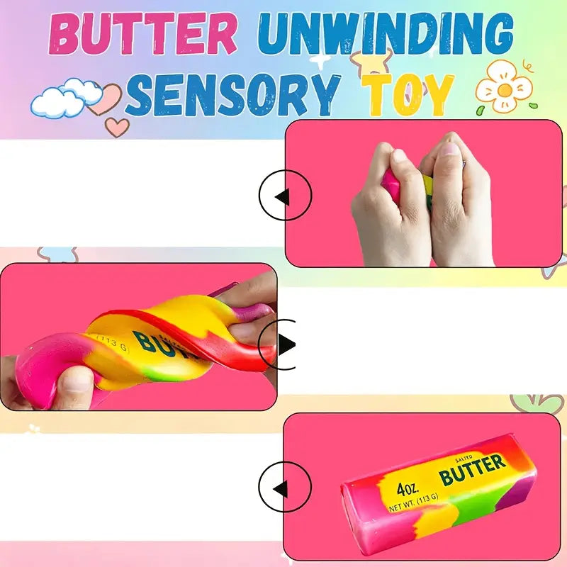 A colorful butter-shaped sensory toy with a soft squishy texture and a vibrant pink yellow red and green gradient design for stress relief.