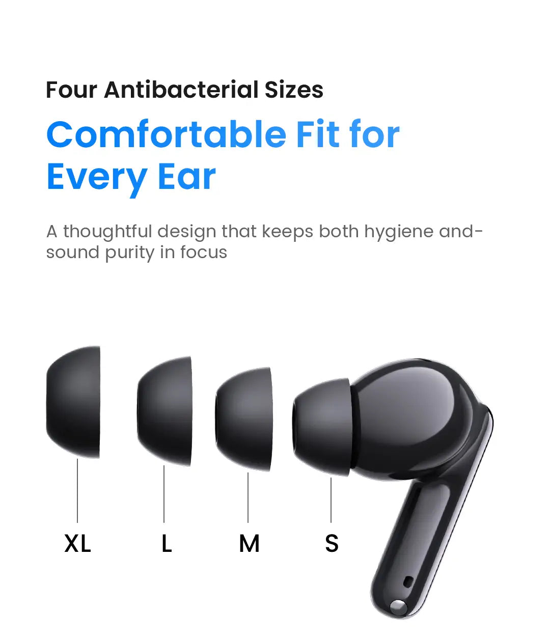 Embouts d’oreille en silicone noirs en tailles XL, L, M et S pour les écouteurs sans fil Haylou Flowbuds N55, améliorant le confort et l’autonomie, avec compatibilité pour l’étui de charge.