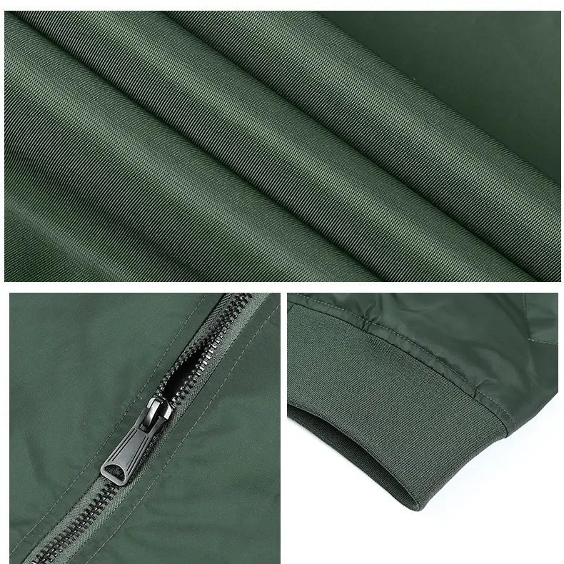 Veste bomber pour homme en nylon vert foncé avec fermeture éclair noire et poignets côtelés, conçue pour une tenue d’extérieur de printemps décontractée.