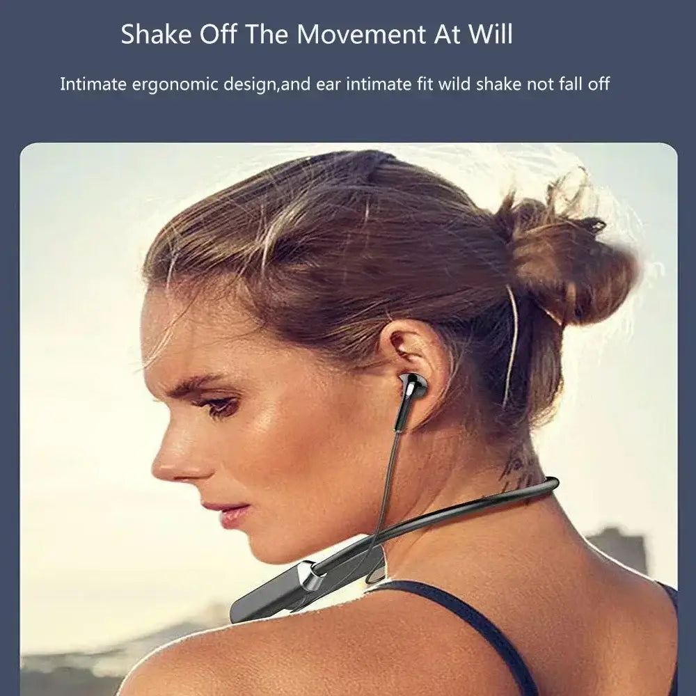 Black and silver wireless neckband bluetooth earphones with led display feature a sleek ergonomic design for secure fit during movement.